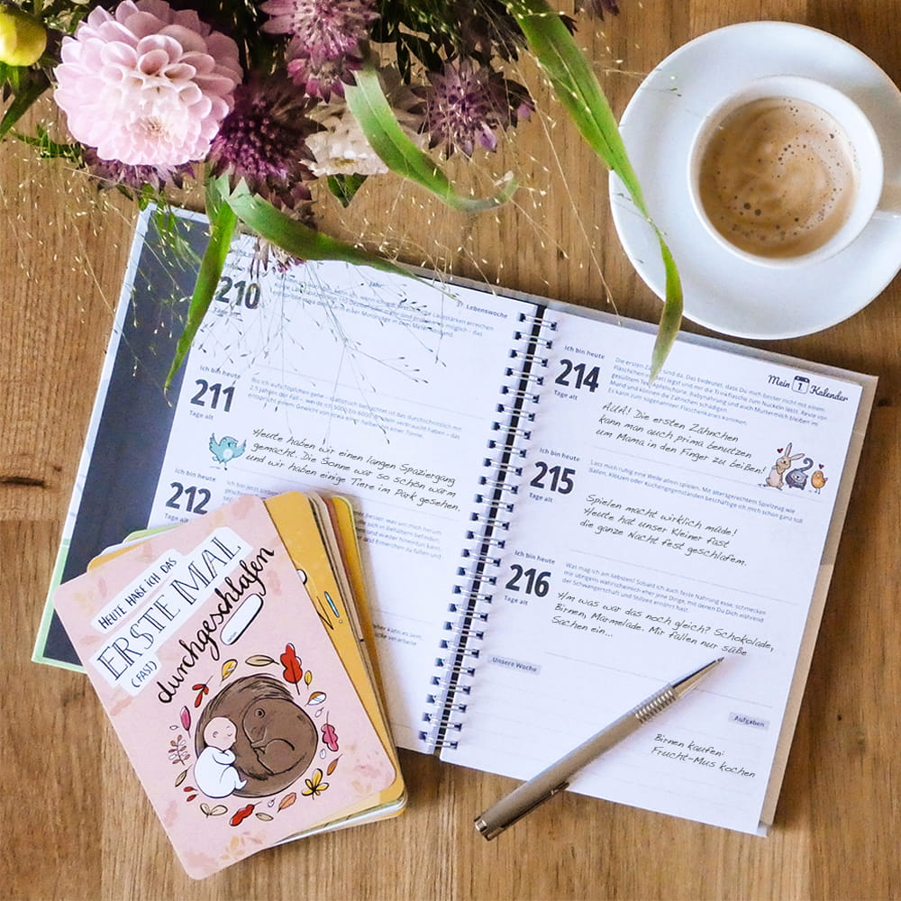 Babytagebuch mit handschriftlichen Erinnerungen und Meilensteinkarten