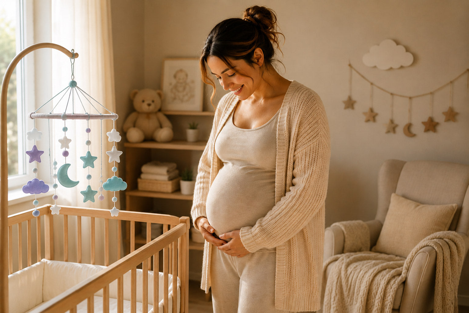 Schwangere Frau steht verträumt im Kinderzimmer und schaut auf ihren Babybauch