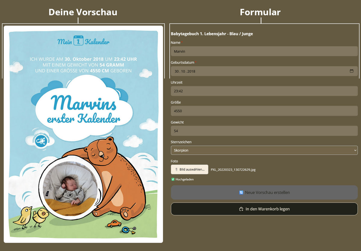 Vorschau und Formular für Personalisieurng des Babytagebuch und Wickeltischkalender